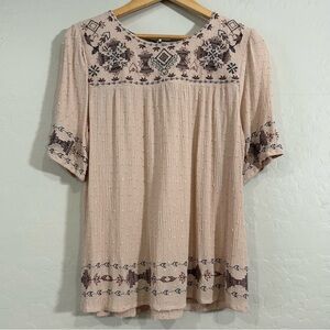 Knox Rose Boho Embroidered Textured Blouse Beige Brown Size Large Fall Womens